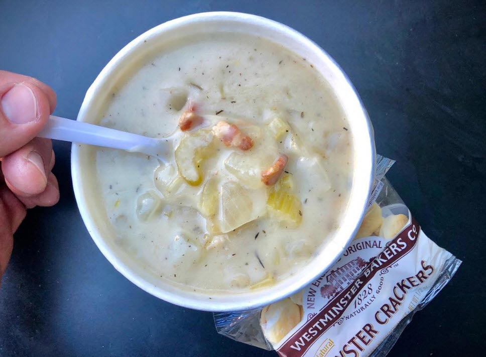 closeup of hot cup of Sam's famous New England Clam Chowder