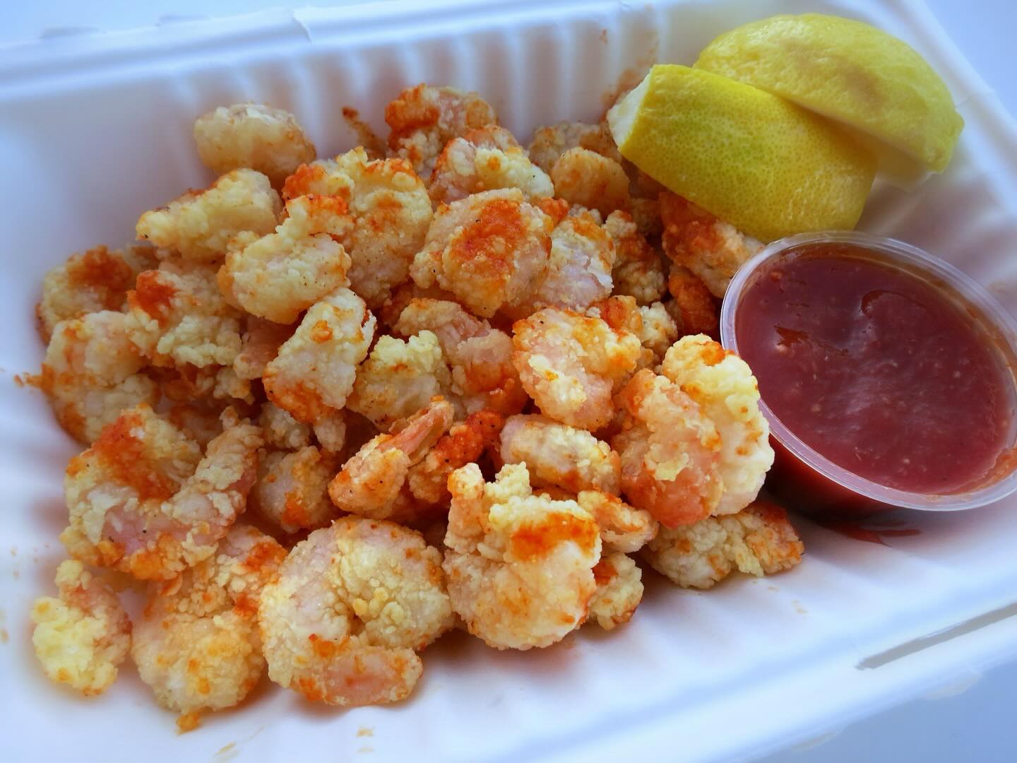 spicy popcorn shrimp with cocktail sauce