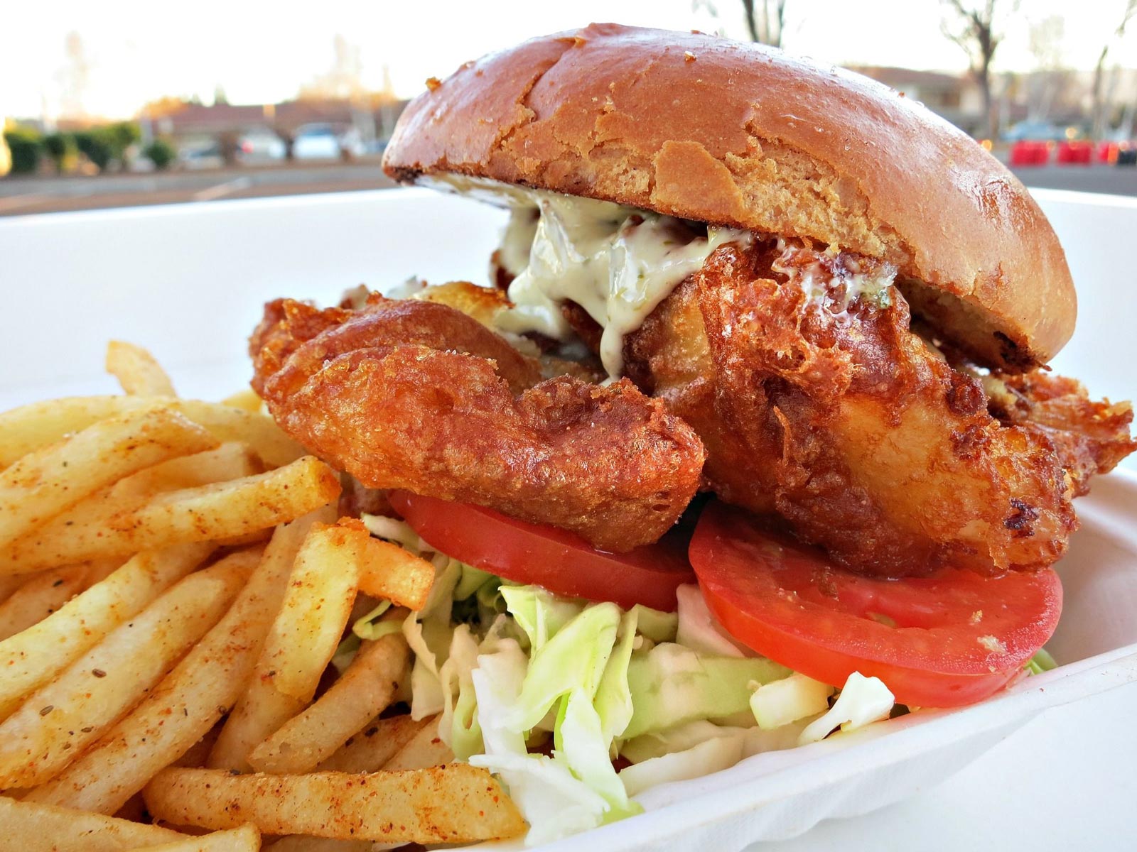 closeup of fried fish sandwich with Old Bay fries