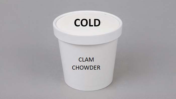 to-go container of cold New England style clam chowder house made by Sam's ChowderMobile
