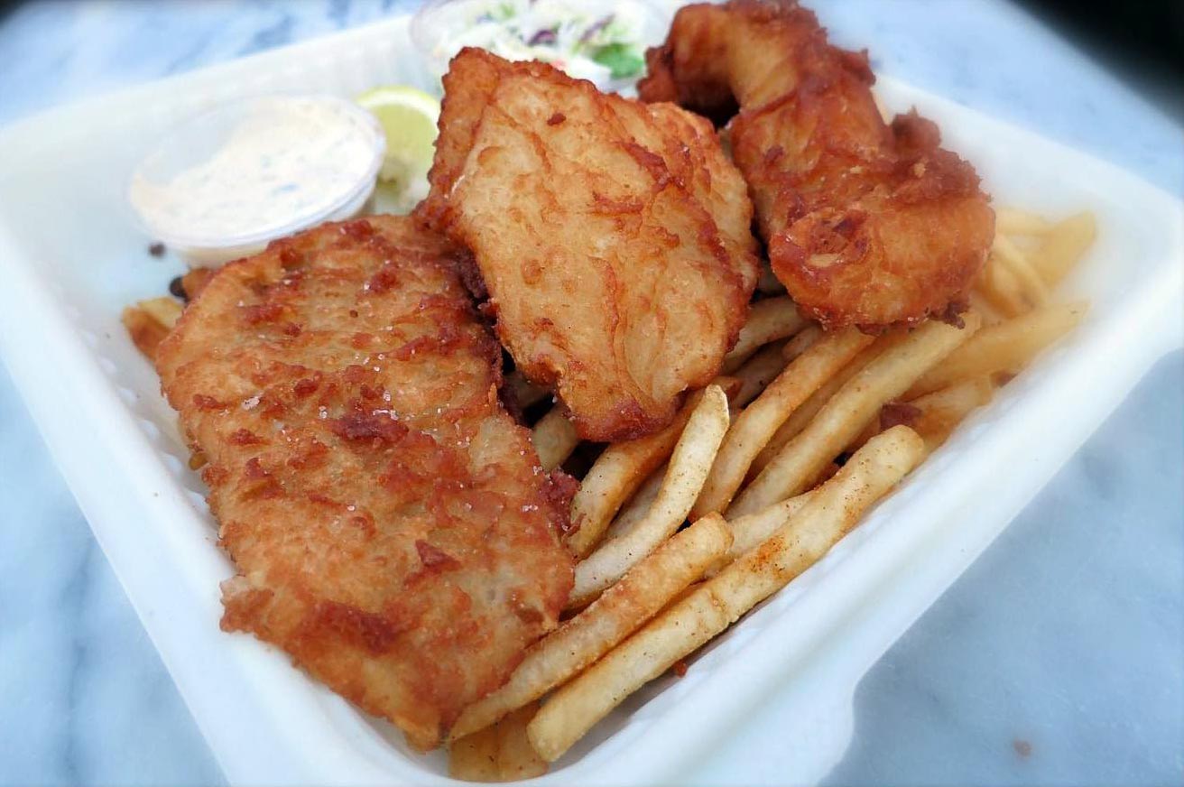 three piece fish and chips with Old Bay fries and tartar sauce